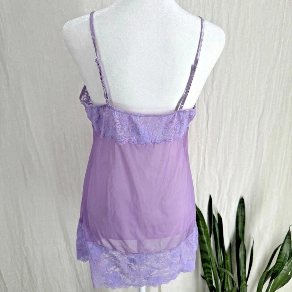 Purple Y2K Sheer Mesh Slip Mini Dress S Coquette Fairy Babydoll Lace Trim Cami